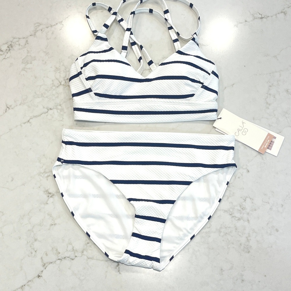 CALIA Strappy Bikini Set Womens XS White Blue Striped Textured Nautical Preppy